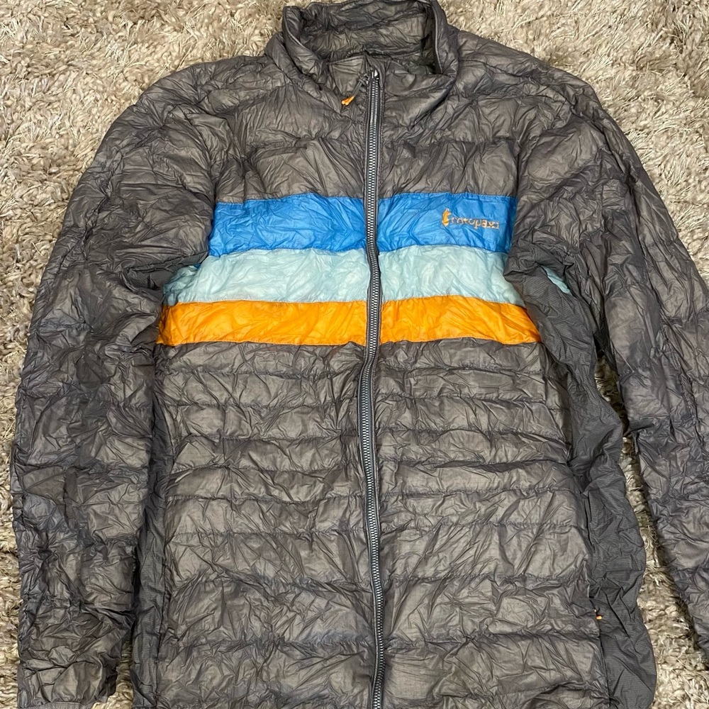 Cotopaxi Gray Jacket with multicolored Stripes. Women’s Large